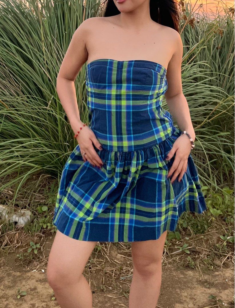 blue beach cover up dress TIC TOC DANIELLE Plaid Lace-Up Corset Mini Dress  Cottage Core Babydoll Vibes MULTI / S
