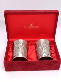 Vintage Pair of collectible Tumasek Pewter - Wine Cups - Glasses - Embossed scenes - Singapore