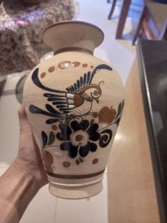 Vintage Tonala Mexican Pottery Vase 8-1/2” Bird Flowers Floral Signed CO Mexico