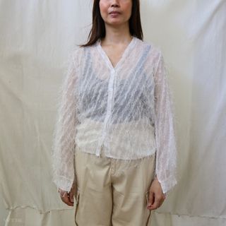 White Feathery Sheer Long Sleeve Top