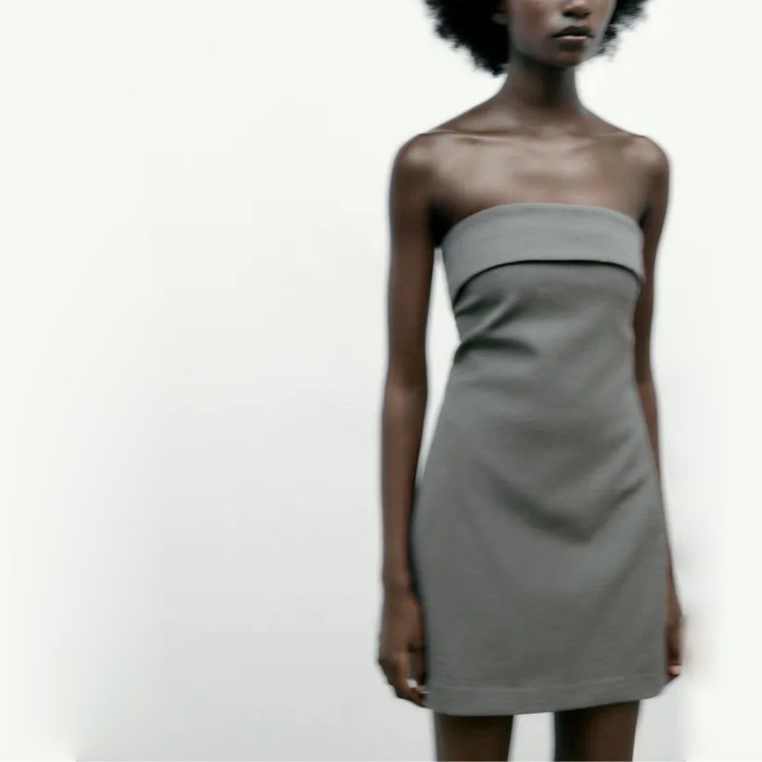 zara grey pinstripe dress Zara Dress Small Midi Sheath Gray Pinstripe Mock Neck Pockets Stretch Knit Work