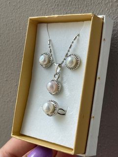 Authentic Pearl Jewelry Set: Necklace, Ring, Earrings