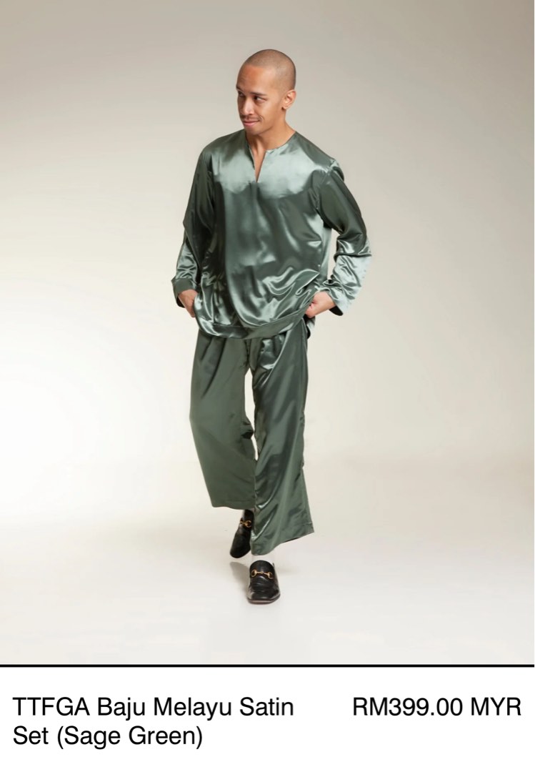 BEHATI Baju Melayu Satin Set (SAGE GREEN), Men's Fashion, Muslim Wear ...