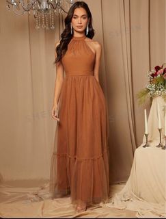 Brown Tulle Halter Formal Long Dress/Gown