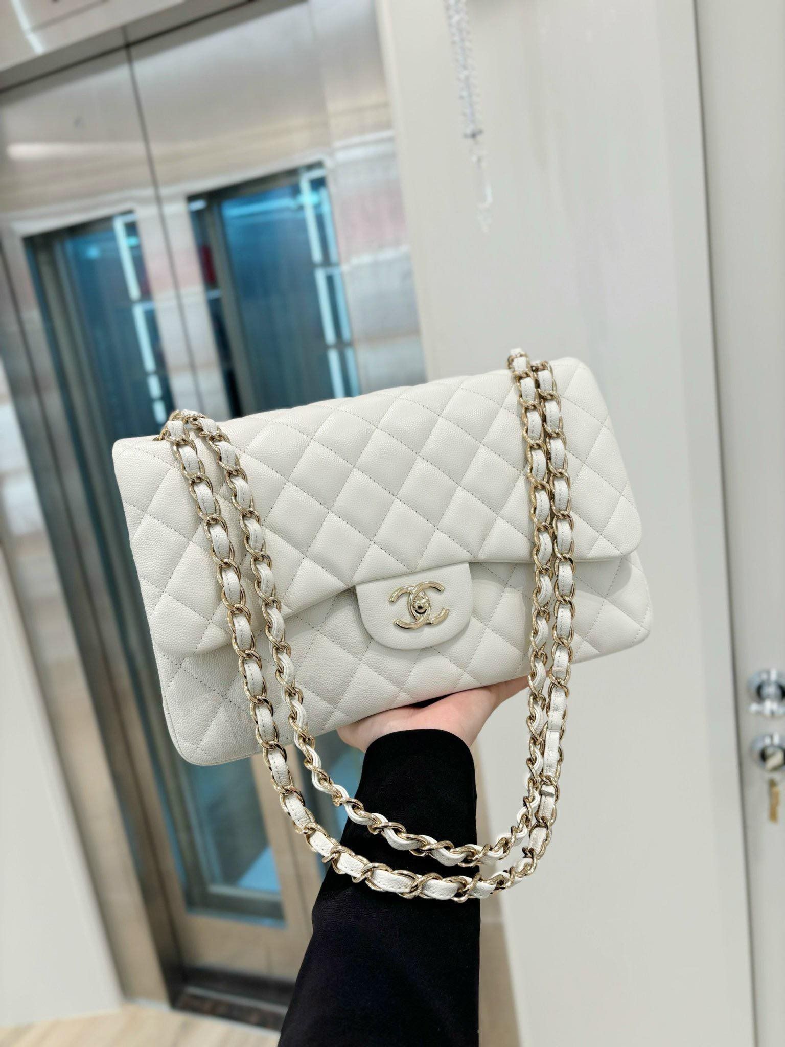 Chanel Classic Jumbo White Caviar LGHW