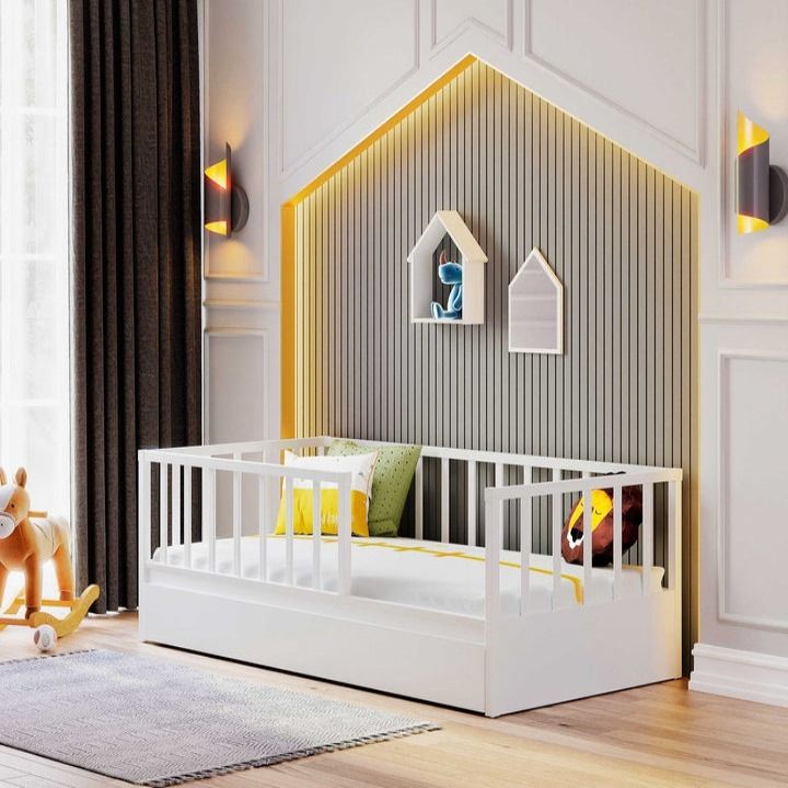 European Single Low Bed with Guard Rail and Pullout Trundle Bed White