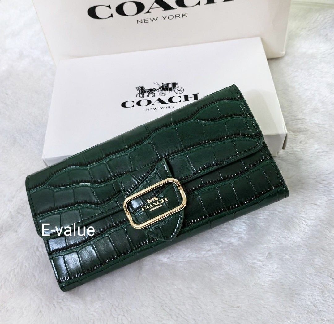 Coach Original Dark Green Crocodile Embossed Morgan Slim Long Wallet For Women Come With Complete Set Suitable For Gift Luxury Bags Wallets on Carousell