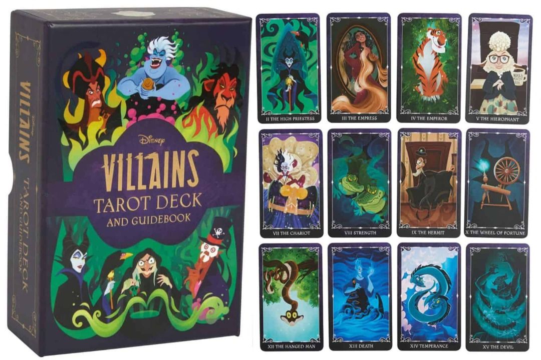 DISNEY VILLAINS TAROT DECK AND GUIDEBOOK (Category: Storybooks) located in Quezon City. Submitted by serena_shop (Listing ID 1302553562, Image 1). Description: DISNEY VILLAINS TAROT DECK AND GUIDEBOOK Disney’s most iconic villains have taken over tarot in this dastardly take on a traditional 78-card deck. Featuring the notorious ne’er-do-wells from classic animated films like 101 Dalmations, The Little Mermaid, Sleeping Beauty, and more, this tar