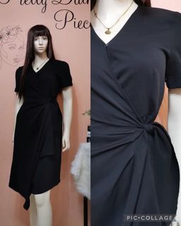 High Quality Black Short Sleeve V Neck Plain Sashed Sheath Dress