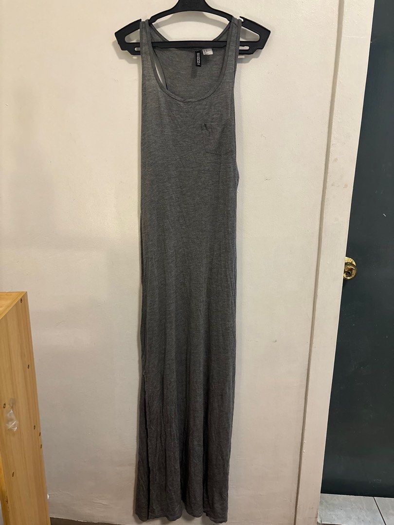 H&M grey long dress w slit, Women's Fashion, Dresses & Sets, Dresses on  Carousell