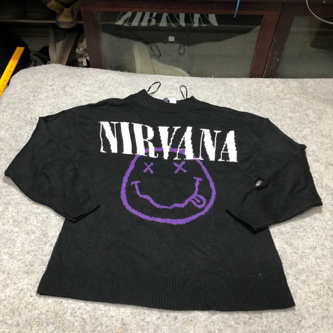 H M Nirvana Big Print Knitted Sweater Jumper Mock Neck Size Small
