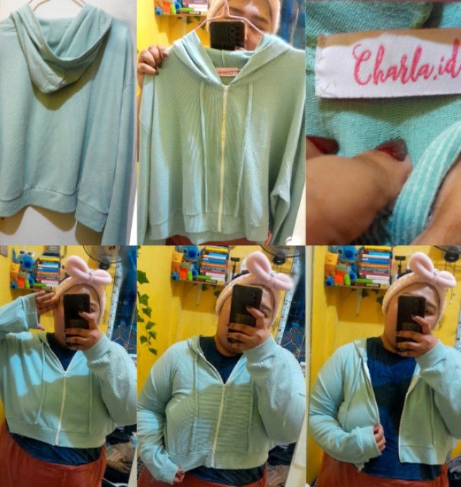 HOODIE CROP MINT JACKET SWEATER SEMI HOODIE KUPLUK RESLETING POLOS BAHAN SUPER ADEM NYAMAN LD.140CM TRY ON BB.118KG TINGGI.158CM SUPER DUPER GEMOYSIZE CURVYSIZE PRELOVED LIKE A NEW STYLISH MINAT WA FA...