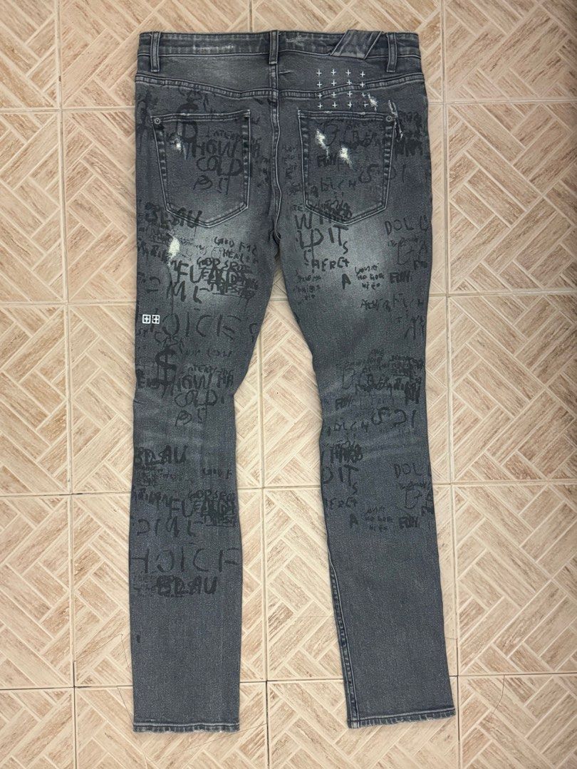 Ksubi Graduation Destroyed Denim Jeans (Category: Jeans) located in Taguig. Submitted by ykwis (Listing ID 1302504738, Image 2). Description: Ksubi Graduation Destroyed Denim Jeans :: Only tried on once in the house so it's pretty much brand new. :: Slim fit with distressed design. :: High quality denim material L - 42 inches W - 32 to 34 inches Payment - GCash Please note that the shipping fee is the responsibility of the buyer, unless stated ot