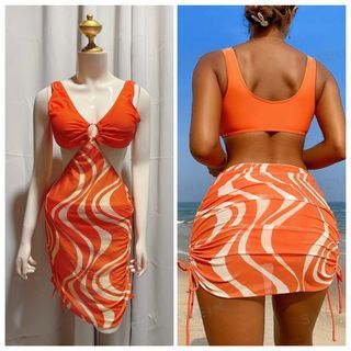 Large Wave Print Drawstring Bikini Set