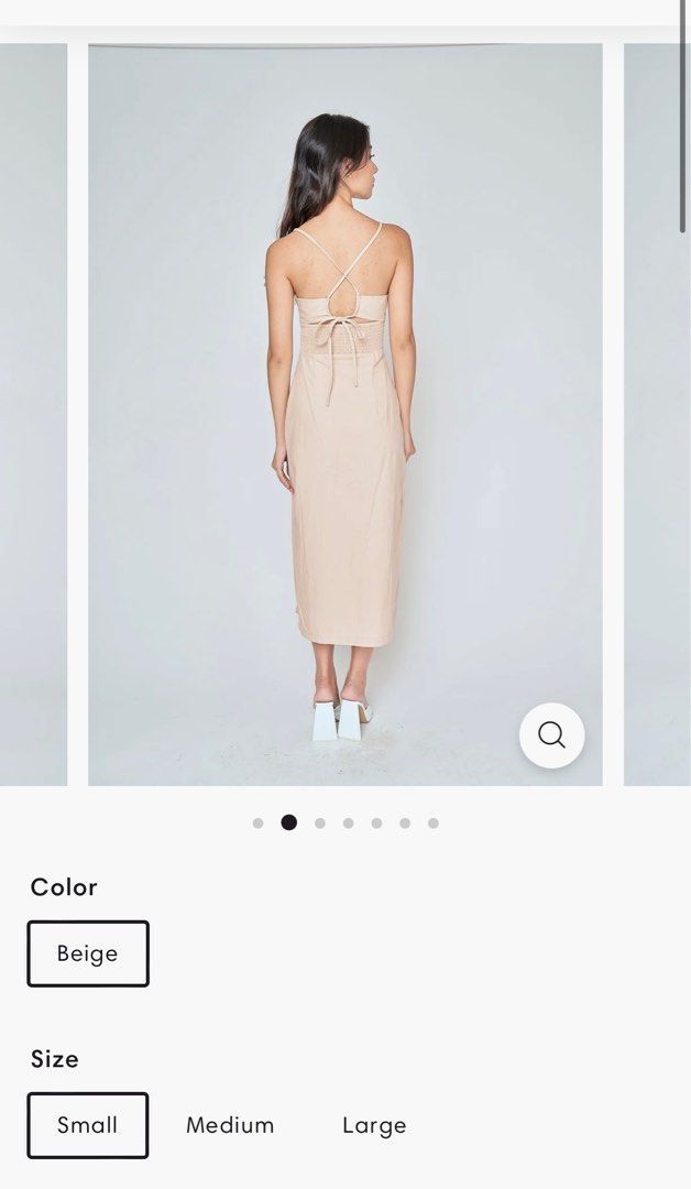 Love, Ara Beige Midi Dress (Category: Dresses) located in Antipolo. Submitted by gnmarti (Listing ID 1302502019, Image 3). Description: Aeryn Beige Ruch Bust Sleeveless Criss Cross Back Midi Dress with Slit Used once!.