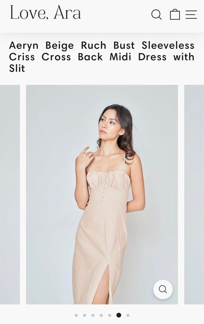 Love, Ara Beige Midi Dress (Category: Dresses) located in Antipolo. Submitted by gnmarti (Listing ID 1302502019, Image 2). Description: Aeryn Beige Ruch Bust Sleeveless Criss Cross Back Midi Dress with Slit Used once!.
