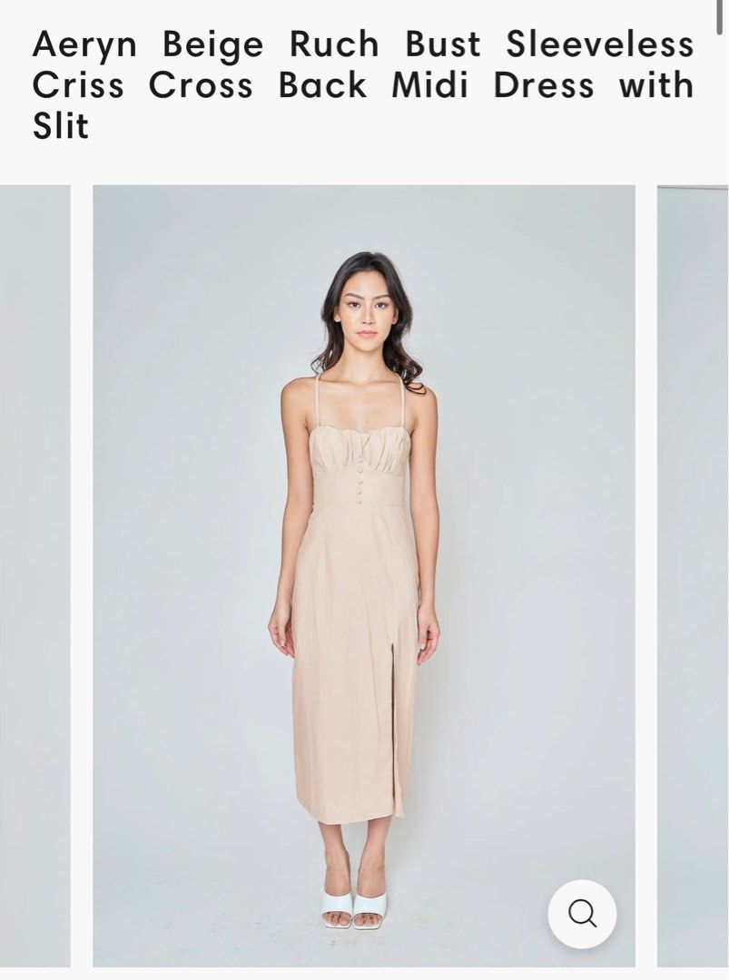 Love, Ara Beige Midi Dress (Category: Dresses) located in Antipolo. Submitted by gnmarti (Listing ID 1302502019, Image 1). Description: Aeryn Beige Ruch Bust Sleeveless Criss Cross Back Midi Dress with Slit Used once!.