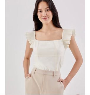 LOVE BONITO Coryn Micro Pleated Top with Ruffle sleeves in Ivory Color