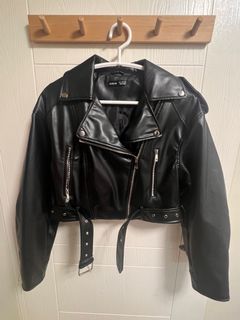 PU Leather Cropped Moto Jacket - Zip Up with Belt Baggy Fit