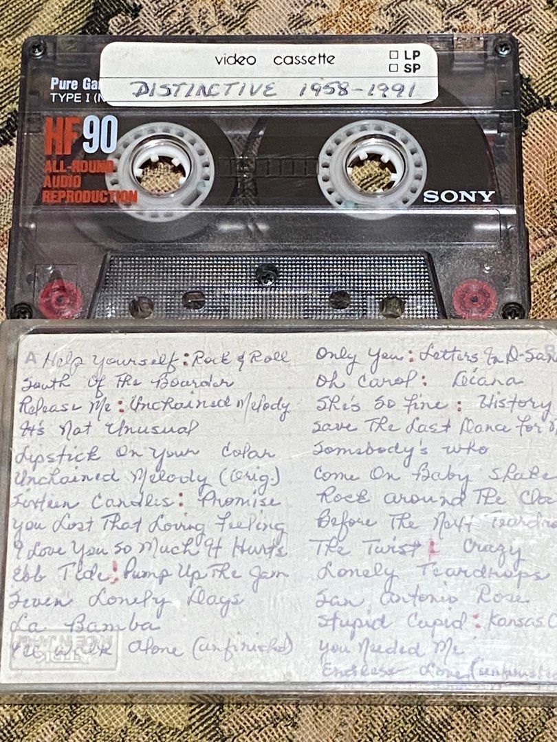 SALE ASSORTED PRE-RECORDED BLANK CASSETTE TAPES (Category: CDs & DVDs) located in Santa Barbara. Submitted by pickersdelight (Listing ID 1302405972, Image 2). Description: SALE ASSORTED PRE-RECORDED BLANK CASSETTE TAPES 1. SONY HF90 PURE GAMMA TYPE I with pre-recorded songs includes Release Me, Unchained Melody, La Bamba PRICE: P120 CONDITION: used, no inlay cover 2. GOLDSTAR HP90 with pre-recorded songs includes What’s Up, Girl You Are My Love, 