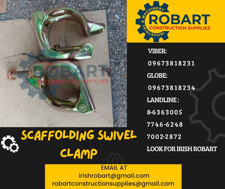 scaffolding swivel clamp (Category: Construction Tools & Equipment) located in Manila. Submitted by irishrobart_22 (Listing ID 1302470953, Image 1). Description: scaffolding swivel clamp 2" SEND US MESSAGE FOR INQUIRIES ‼️‼️ LOOK FOR IRISH ROBART VBR : 0 9 6 7 3 8 1 8 2 3 1/ 0 9 6 7 3 8 1 8 2 3 4 LANDLINE 8-6 3 6 3 0 0 5 / 7 7 4 6 -6 2 4 / 7 0 0 2-2 8 7 2 GMAIL: I R I S H R O B A R T @ G M A I L . C O M Office Address: 1405 Yuseco St. Sta Cruz Ma