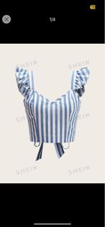 shein medium blue & white ruffle trim tied backless striped top
