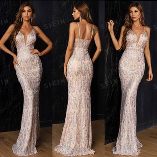 SHEIN Missord Contrast Mesh Zip Back Sequin Prom Dress pageant sequence long gown