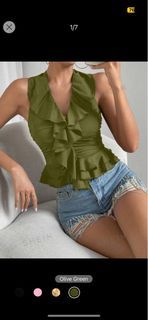 shein small olive green ruffle trim ruched halter top