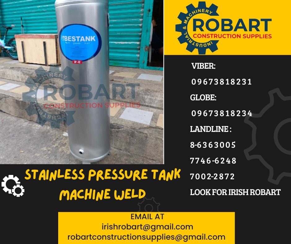 Stainless Pressure Tank (Category: Construction Tools & Equipment) located in Manila. Submitted by irishrobart_22 (Listing ID 1302445662, Image 1). Description: Stainless Pressure Tank Machine Weld Model: SP-42 SEND US MESSAGE FOR INQUIRIES ‼️‼️ LOOK FOR IRISH ROBART VBR : 0 9 6 7 3 8 1 8 2 3 1/ 0 9 6 7 3 8 1 8 2 3 4 LANDLINE 8-6 3 6 3 0 0 5 / 7 7 4 6 -6 2 4 / 7 0 0 2-2 8 7 2 GMAIL: I R I S H R O B A R T @ G M A I L . C O M Office Address: 1405 Y