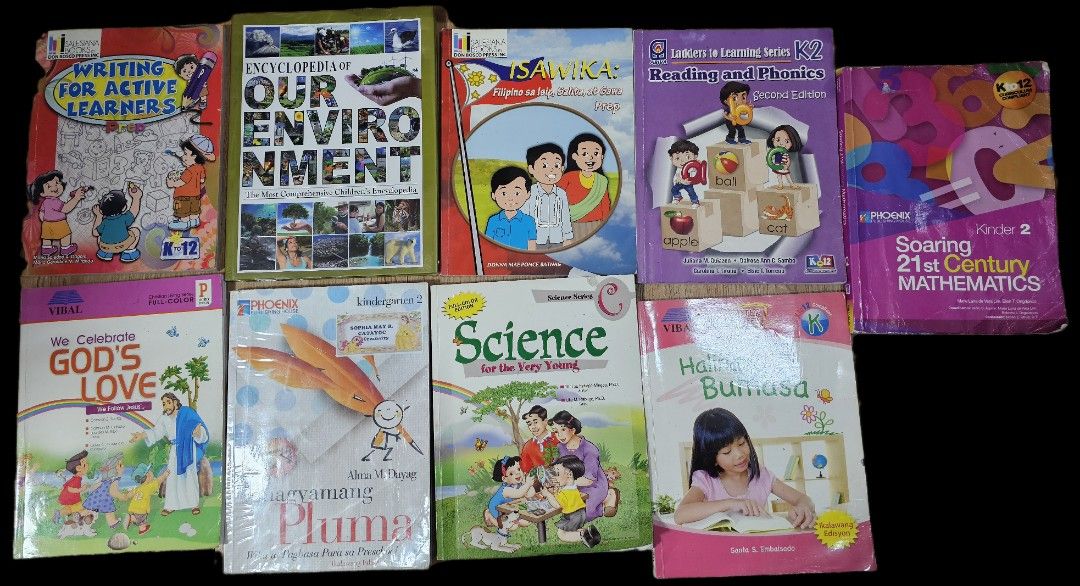 Take all Kinder 2 (K2) Textbooks with free Encyclopedia (Category: Textbooks) located in Pasig City. Submitted by mightywolf.69ccc9 (Listing ID 1302427690, Image 1). Description: Free - Encyclopedia: Our Environment 1. Writing for Active Learners - few pencil writings 2. Isawika - 5-6 pages has pencil marks 3. Halinang Bumasa - few pencil writings 4. Reading and Phonics - few pencil writings 5. Pinagyaman Pluma - few pencil writings with ballpen 