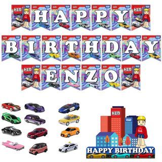 Tomica Toy Cars Theme Birthday Party Banner Cupcake Cake Topper Decoration Personalized