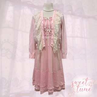 ❗️UP FOR BID❗️RARE pink lace/mesh ribbon milkmaid maxi dress & light pink knit/knitted floral lace ruffled long sleeves cardigan SET (coquette/cottagecore/lolita/kawaii/vintage/liz lisa/axes femme)