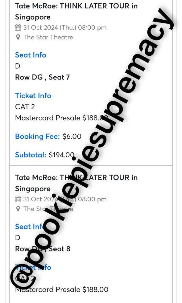 WTS 2x Tate Mcrae Think Later World Tour 2024 Tickets, Tickets