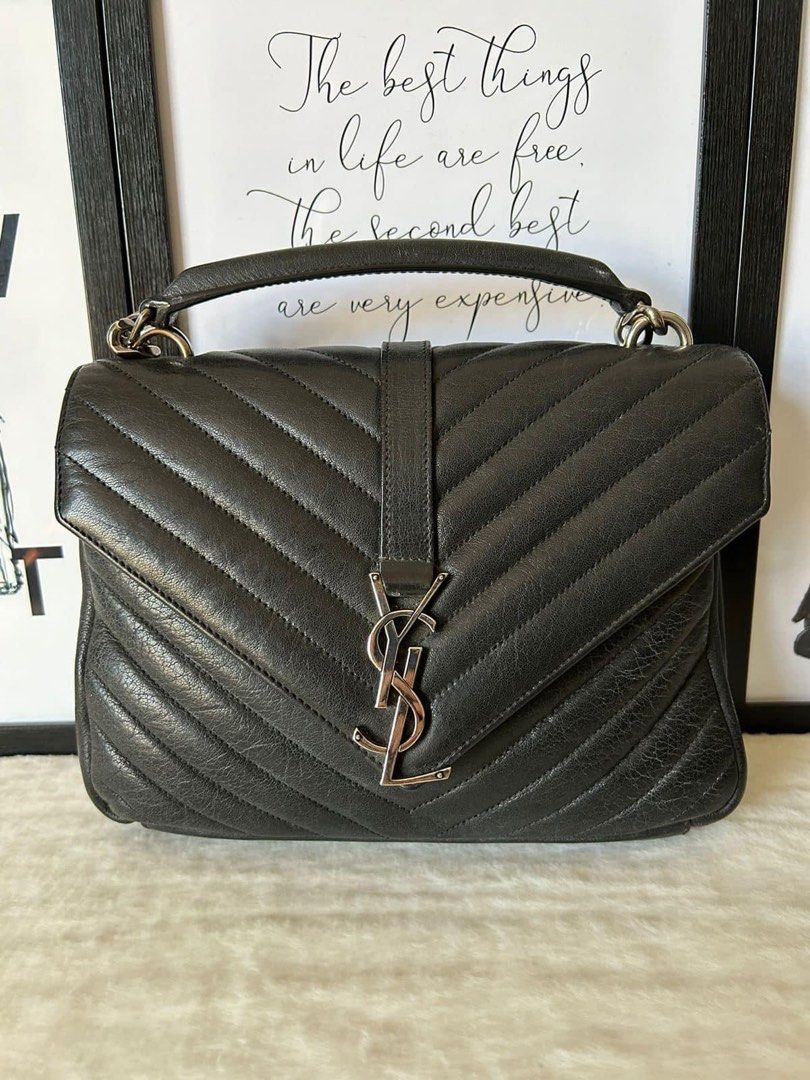 YSL Medium College Bag (Category: Luxury Bags & Wallets) located in Manila. Submitted by bagislifeshop (Listing ID 1302544422, Image 2). Description: ☑️Available in Manila ✅Condition: 8.5/10 ✅Material: Lambskin leather ✅Colour: Black in RHW ✅Size: 23 X 17 X 5CM ✅Inclusion: Replacement dustbag, cards and long strap .