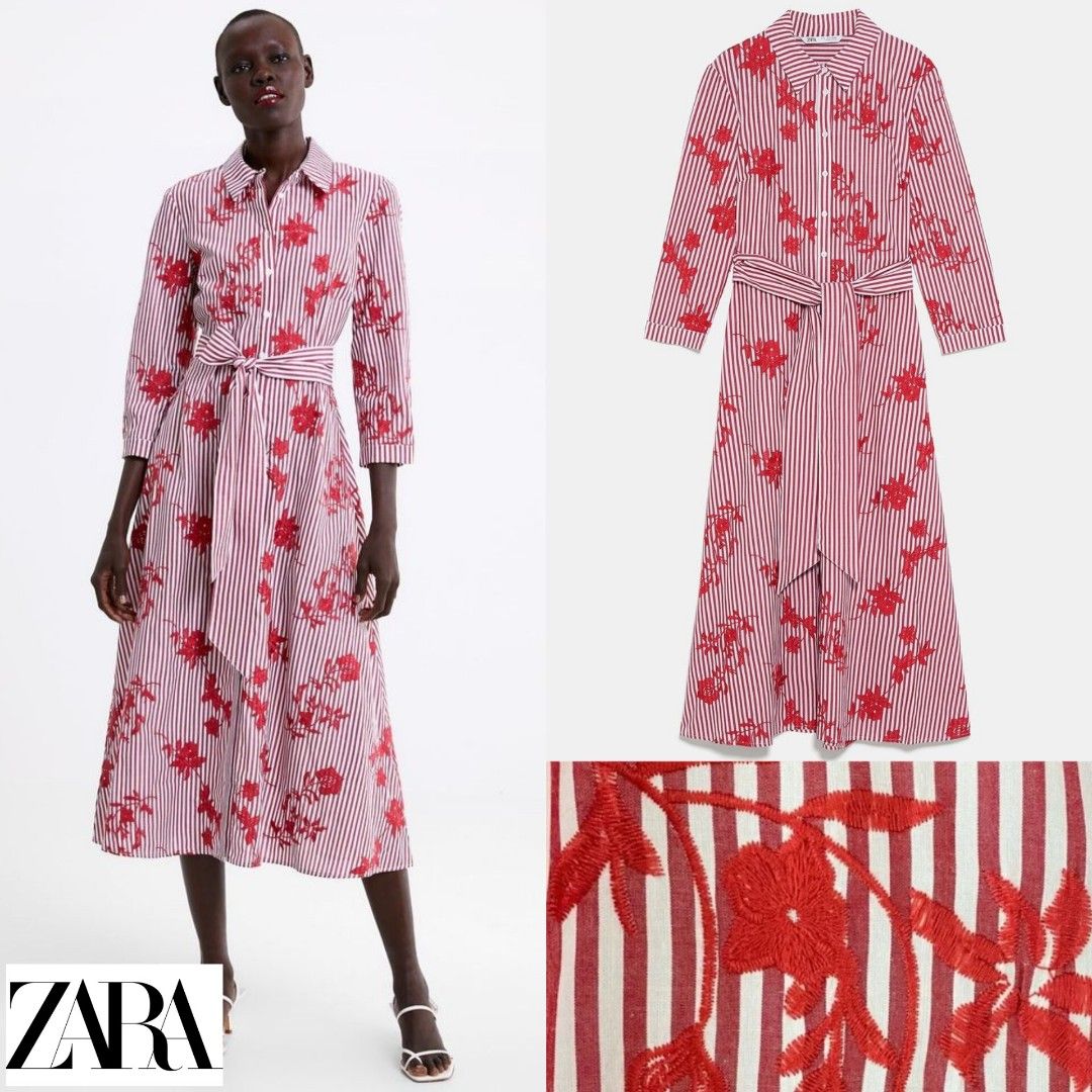 [ZARA] Floral Embroidery Long Dress Stripe Shirt Long Sleeve Summer Cotton  Linen Blend Office Red Gaun Midi Panjang Katun Bordir Motif Bunga Kemeja 