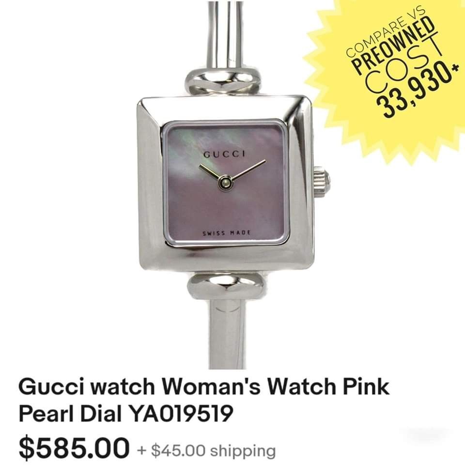 Authentic GUCCI 1900L Swiss Made Pink Mother of Pearl Square Face Bangle Watch Signed Hallmarked Swiss Made