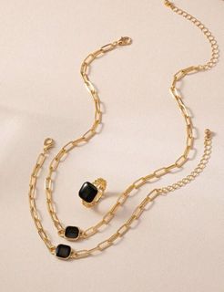 A Set Of Black Square Necklaces, Bracelets, Rings, Retro Fashion Sets