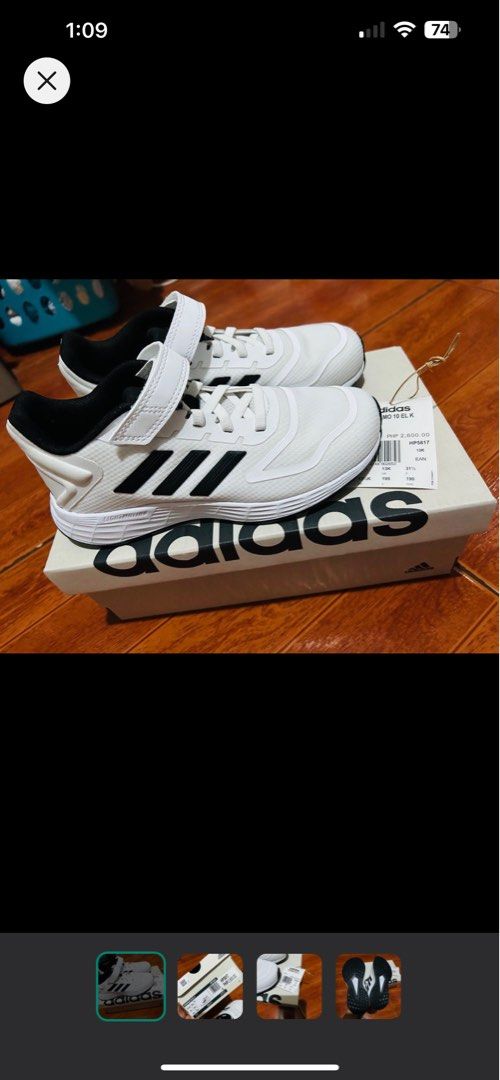 Adidas Duramo white for kids (Category: Babies & Kids Fashion) located in Quezon City. Submitted by declutteringmanila (Listing ID 1306380954, Image 1). Description: authentic Adidas Duramo for kids 13K UK - Sobrang gaan, good for physical activities Rfs: sobrang sakto lang, need to size up, used once Bought for 2600+sf.