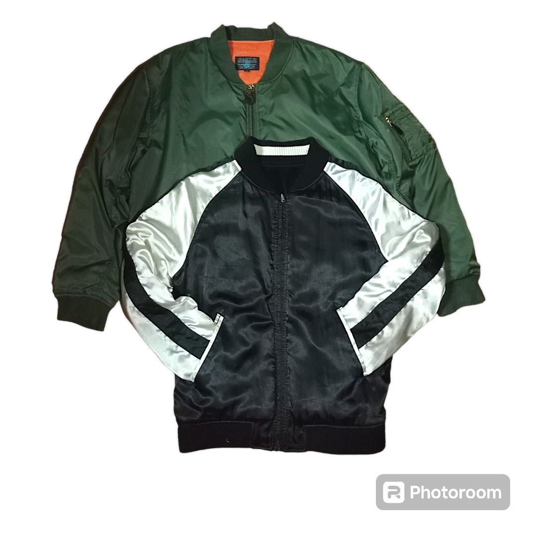 Aspack for 500 two reversible bomber ma-1 and sukajan (Category: Coats, Jackets and Outerwear) located in Manila. Submitted by d.ese_06 (Listing ID 1306469839, Image 1). Description: earth explorer ( green ) dimes L - 27 W-25 pit to pit condition 8.5/10 minor issue seen on pic pen mark rageblue japan sukajan ( black/white) dimes L - 26 W-22 pit to pit condition 9/10 payment first through G cash ship via lalamove / JNT Pm For more inquiry sampaloc