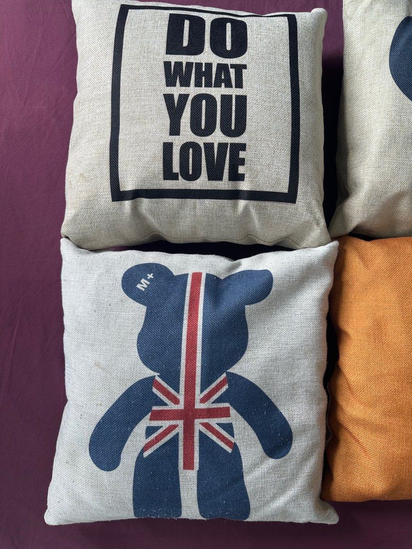 Assorted Throw Pillows (Category: Cushions & Throws) located in Kuala Lumpur. Submitted by kojicavanaugh (Listing ID 1306367104, Image 2). Description: Take all 6 pcs Assorted throw pillows for 30rm - 2 superhero themed - 2 quotable quotes - 2 with printed designs - throw pillows + covers all dry cleaned.