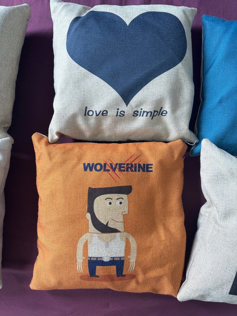 Assorted Throw Pillows (Category: Cushions & Throws) located in Kuala Lumpur. Submitted by kojicavanaugh (Listing ID 1306367104, Image 3). Description: Take all 6 pcs Assorted throw pillows for 30rm - 2 superhero themed - 2 quotable quotes - 2 with printed designs - throw pillows + covers all dry cleaned.