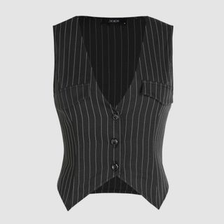 CIDER Office Siren Striped Button Up V-Neck Crop Vest