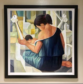 DUYAN MOTHER AND CHILD  35x35 inches OIL ON CANVAS Painting with Wood Frame, Ready to Hang