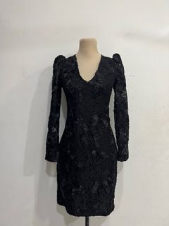 formal black 3d v neck puff longsleeve dress