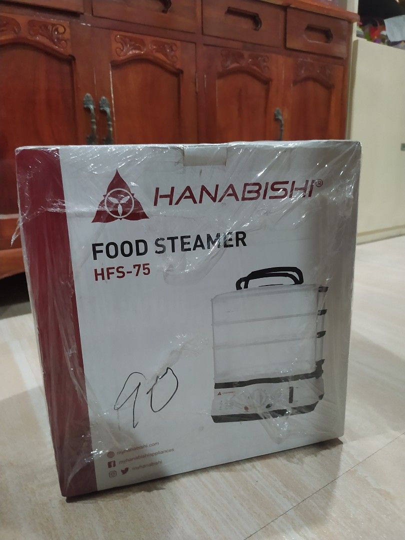 Hanabishi Food Steamer HFS-75 (Category: Cookware & Accessories) located in Manila. Submitted by lcgenmerch (Listing ID 1306386987, Image 2). Description: Hanabishi HFS-75 Food Steamer 3 Level Food Steamer Interchangeable cooking bowls Portable and easy to carry With keep warm function 317 x 232 x 351mm 11L capacity Photo 1 attached for reference of actual unit., Photos 2 & 3 are actual photos of sealed unit in box..