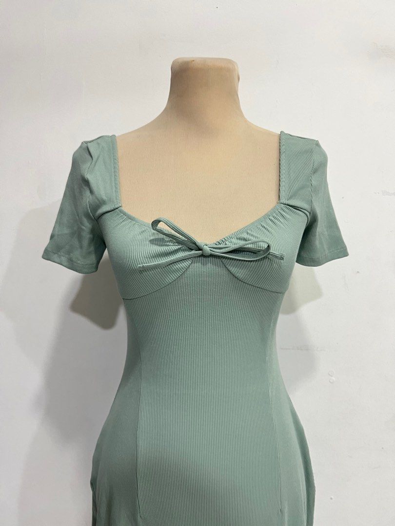 h&m sage green ribbed tie dress, Women's Fashion, Dresses & Sets, Dresses  on Carousell