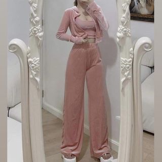 HQ Pink Velvet 3n1 Inner Sleeveless Top, Jacket and Pants Coordinates / Lounge Wear Outfit / Coffee Outfit / Airport Outfit / Winter Outfit / Korean Pinterest Y2K Outfit