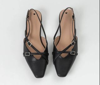 HUE MANILA Maseko Noir - Like Miu Miu Buckle Embellished Shoes / Black Pointed Toe Belted Closed Flats