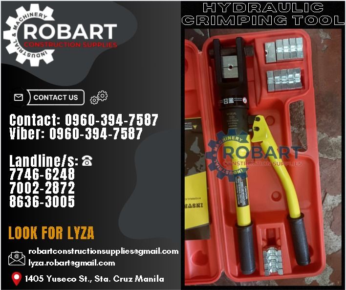 Hydraulic Crimping Tool (Category: Construction Tools & Equipment) located in Manila. Submitted by lyzarobart11 (Listing ID 1306410585, Image 1). Description: Hydraulic Crimping Tool Cap: 10-120mm2 𝐒𝐄𝐍𝐃 𝐔𝐒 𝐌𝐄𝐒𝐒𝐀𝐆𝐄 𝐅𝐎𝐑 𝐈𝐍𝐐𝐔𝐈𝐑𝐈𝐄𝐒 ‼️ 0 9 6 7 3 8 1 8 2 2 7 0 9 6 0 3 9 4 7 5 8 7 𝐋𝐚𝐧𝐝𝐥𝐢𝐧𝐞 𝐍𝐮𝐦𝐛𝐞𝐫𝐬: 𝟕 𝟕 𝟒 𝟔 - 𝟔 𝟐 𝟒 𝟖 / 𝟕 𝟎 𝟎 𝟐 - 𝟐 𝟖 𝟕 𝟐 / 𝟖 𝟔 𝟑 𝟔 - 𝟑 𝟎 𝟎 𝟓 𝐋𝐎𝐎𝐊 𝐅𝐎𝐑 𝐋𝐘𝐙𝐀 𝘌𝘮𝘢𝘪𝘭