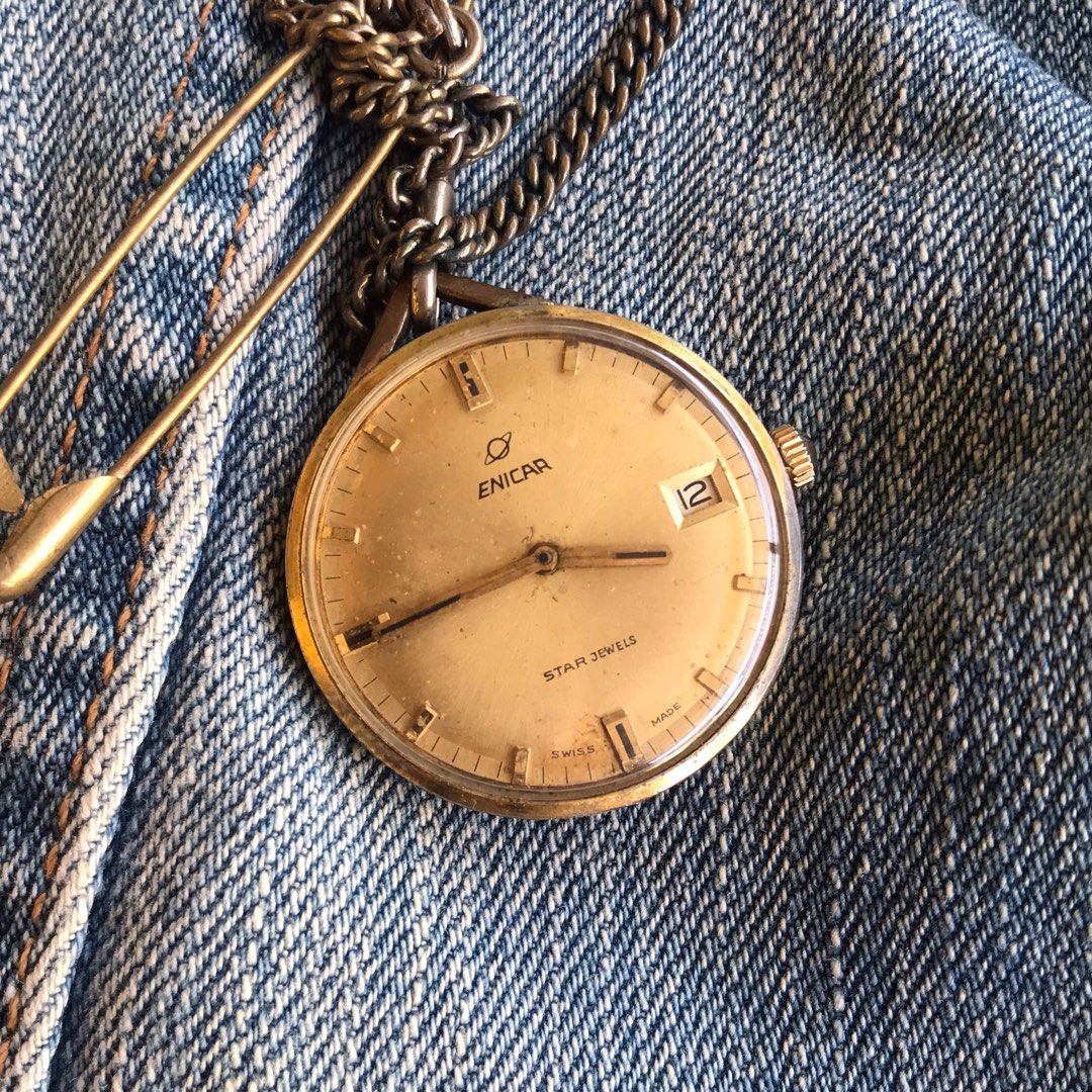 Jam Saku Pocket Watch Enicar Gold Rare Manual Winding Swiss jadul